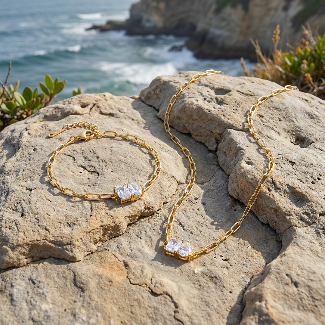 conjunto colar e pulseira dourado aço inox