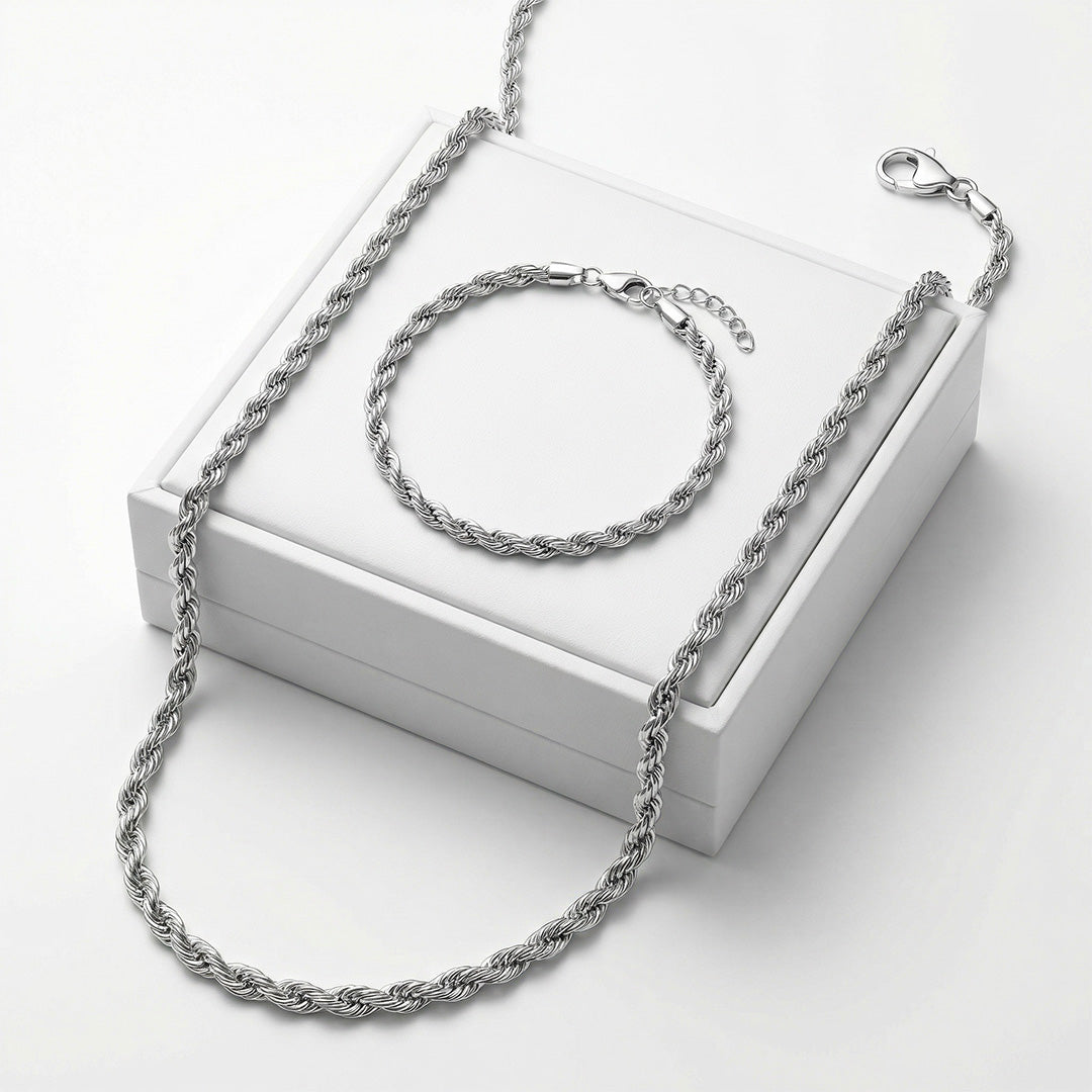 conjunto colar e pulseira trançada feminina prata